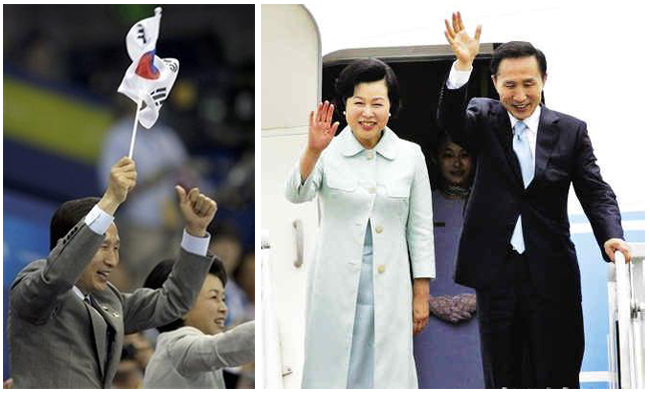 左：2008年韓國總統李明博和他的夫人金潤玉在北京觀看奧運會比賽。右：李明博攜夫人金潤玉訪華走下飛機。