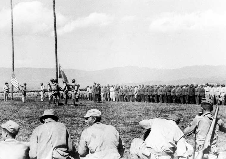 圖為1945年初，中國遠征軍、中國駐印軍、盟軍在滇西芒友會師。