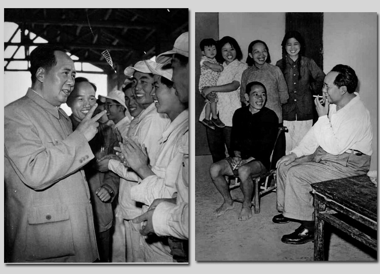 左图：1959年，毛主席在安徽视察工厂时，同炼钢工人亲切谈话。右图：1959年，毛主席在湖南视察韶山，同贫农社员亲切谈话。