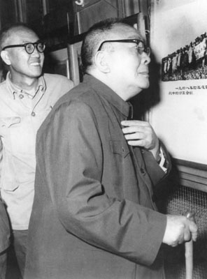 1979年，譚政（右）參觀遼沈戰役中我軍攻克四平的圖片展覽。