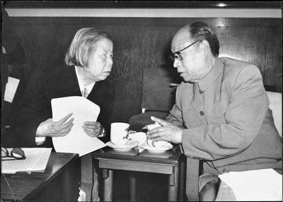 1981年5月16日，鄧穎超和彭真在第五屆全國人大常委會第十八次會議上交談。